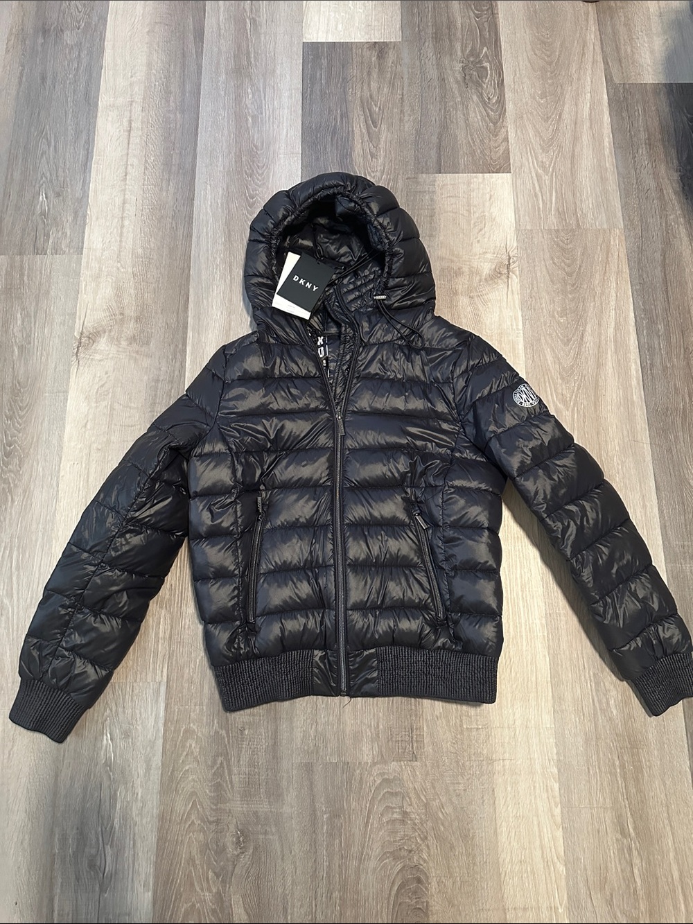 Donna Karan Black Hooded Quilted Puffer Jacket